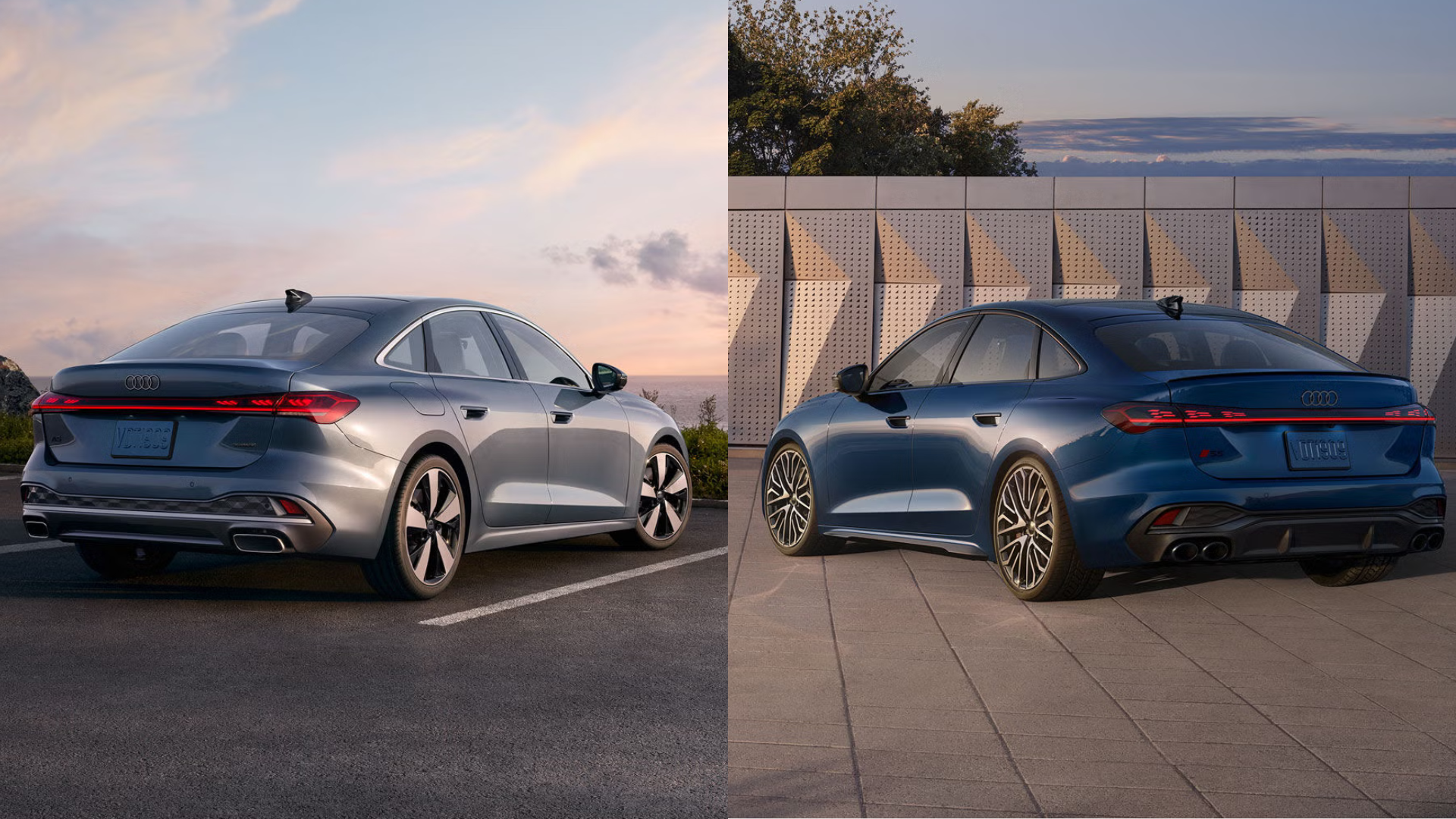Silver Audi A5 and blue S5 rear end views